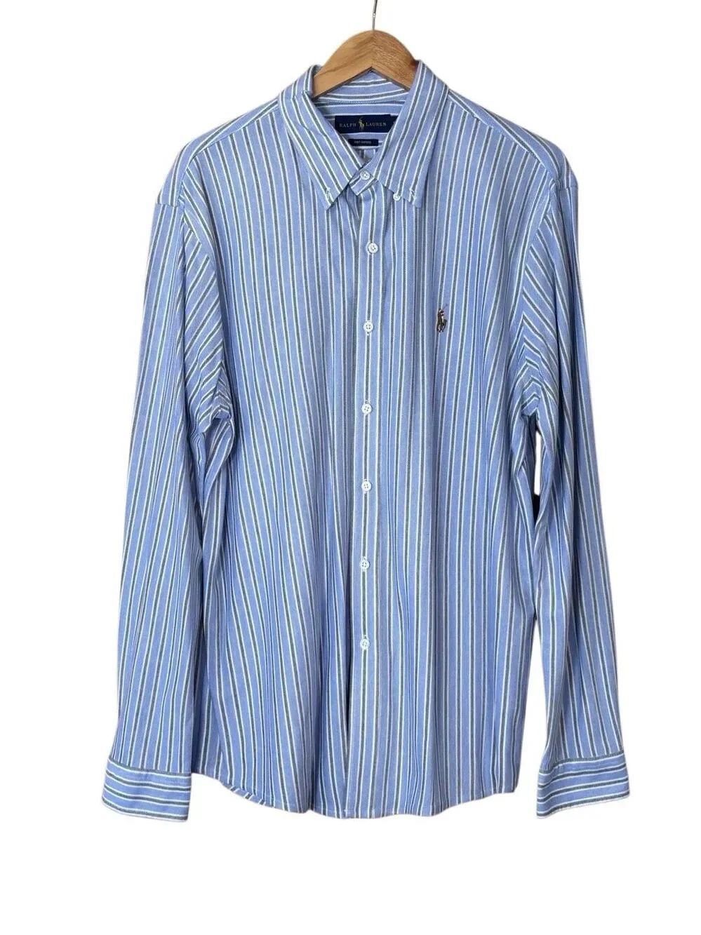 Ralph Lauren Knit Oxford Shirt Mens XXL Blue Striped Preppy 100% Cotton